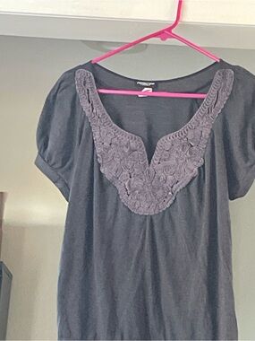 PerSeption Concept Women's Grannycore Lace-Trim Charcoal Grey Short-Sleeve Tee M